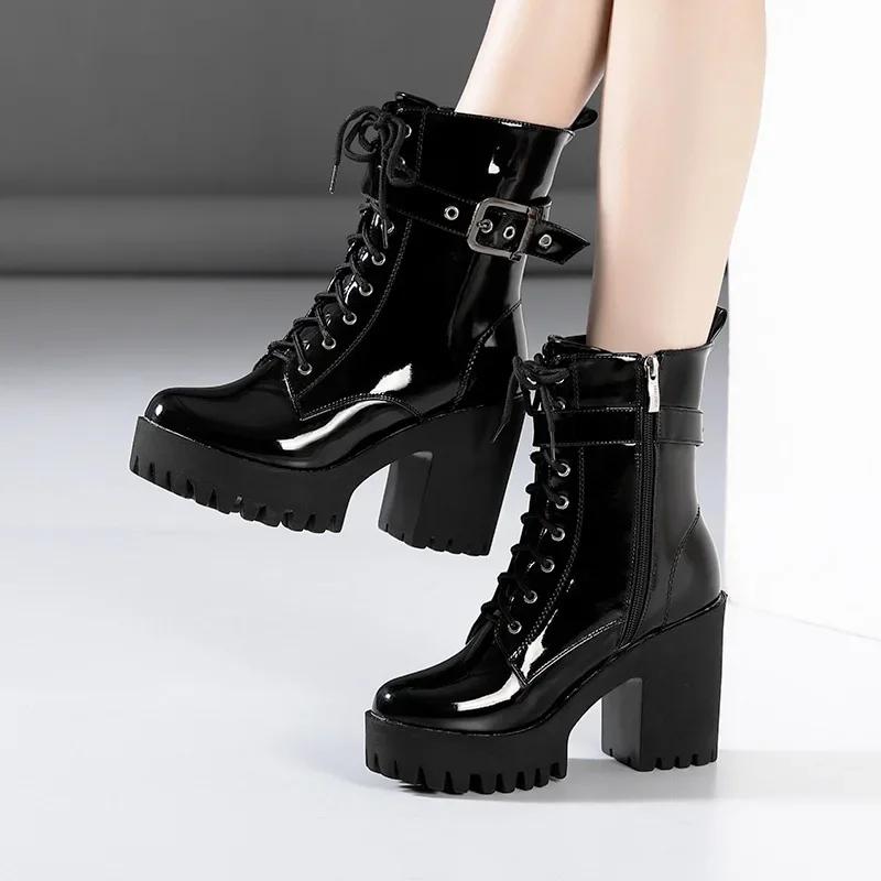 

Большой размер 32-43 Туфли на платформе Женские ботильоны Кожаные 2025 Осень Зима Ботинки на высоком каблуке Женские Плюшевые Мотоциклетные Ботас 36