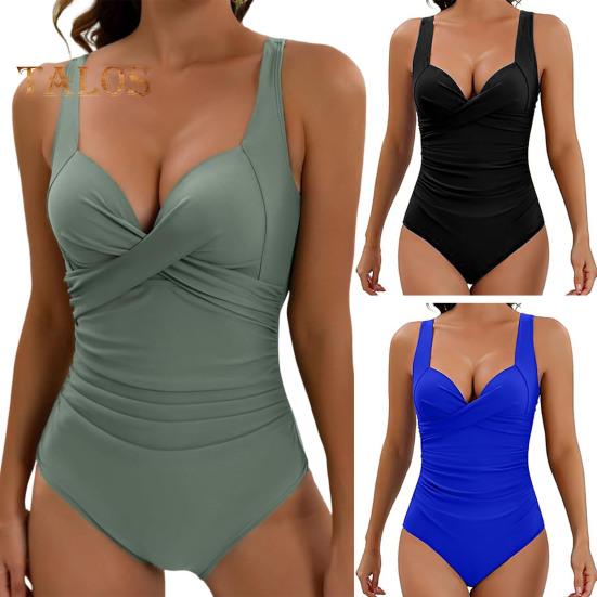 Women Monokini V-Neck Sling Sleeveless One-piece Swimsuit with Adjustable Suspenders Backless High Waist Swimwear