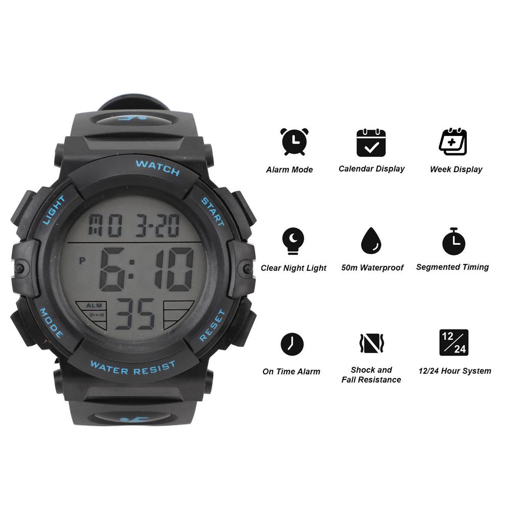 Men Digital Watch with Calendar and Alarm Clock Waterproof Nightlight Electronic Sports Watch for Outdoor Activities