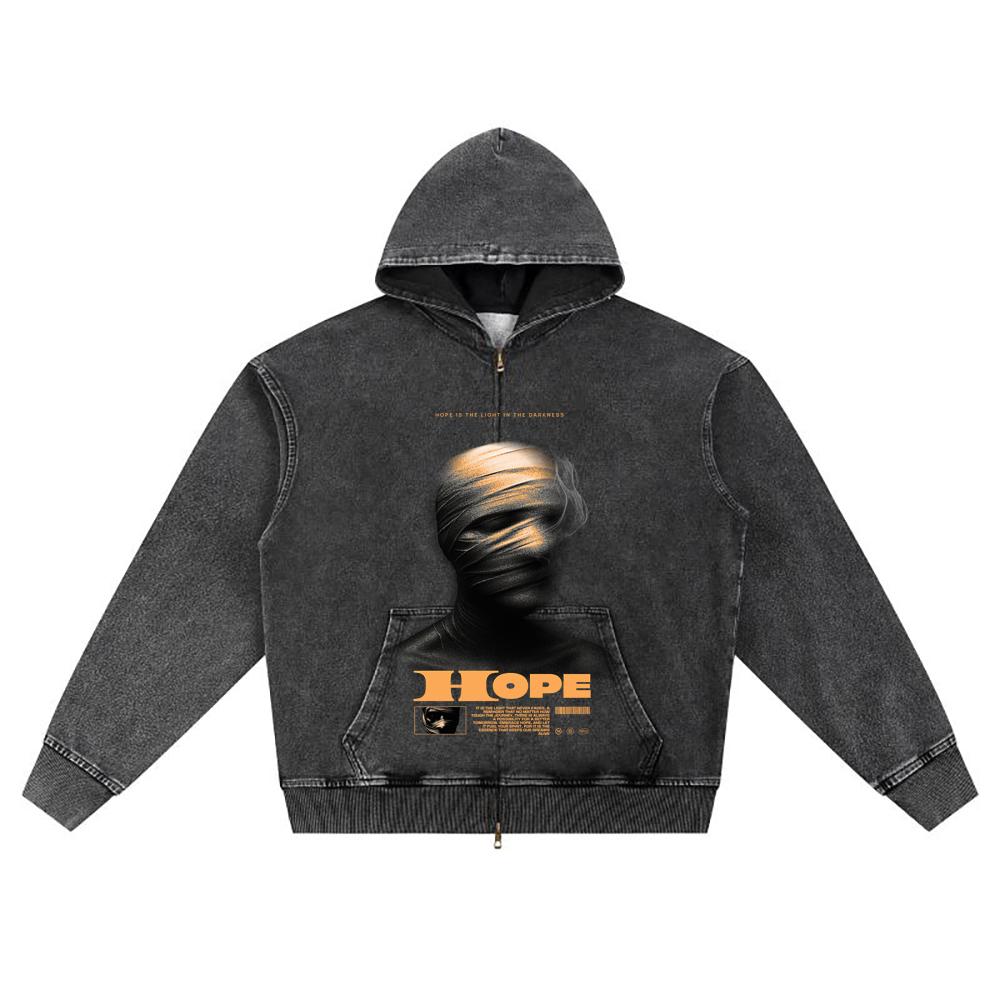 

DTG print Knitted Denim Zip-Up Hoodie Hope Brother Print Zipper Hoodies S