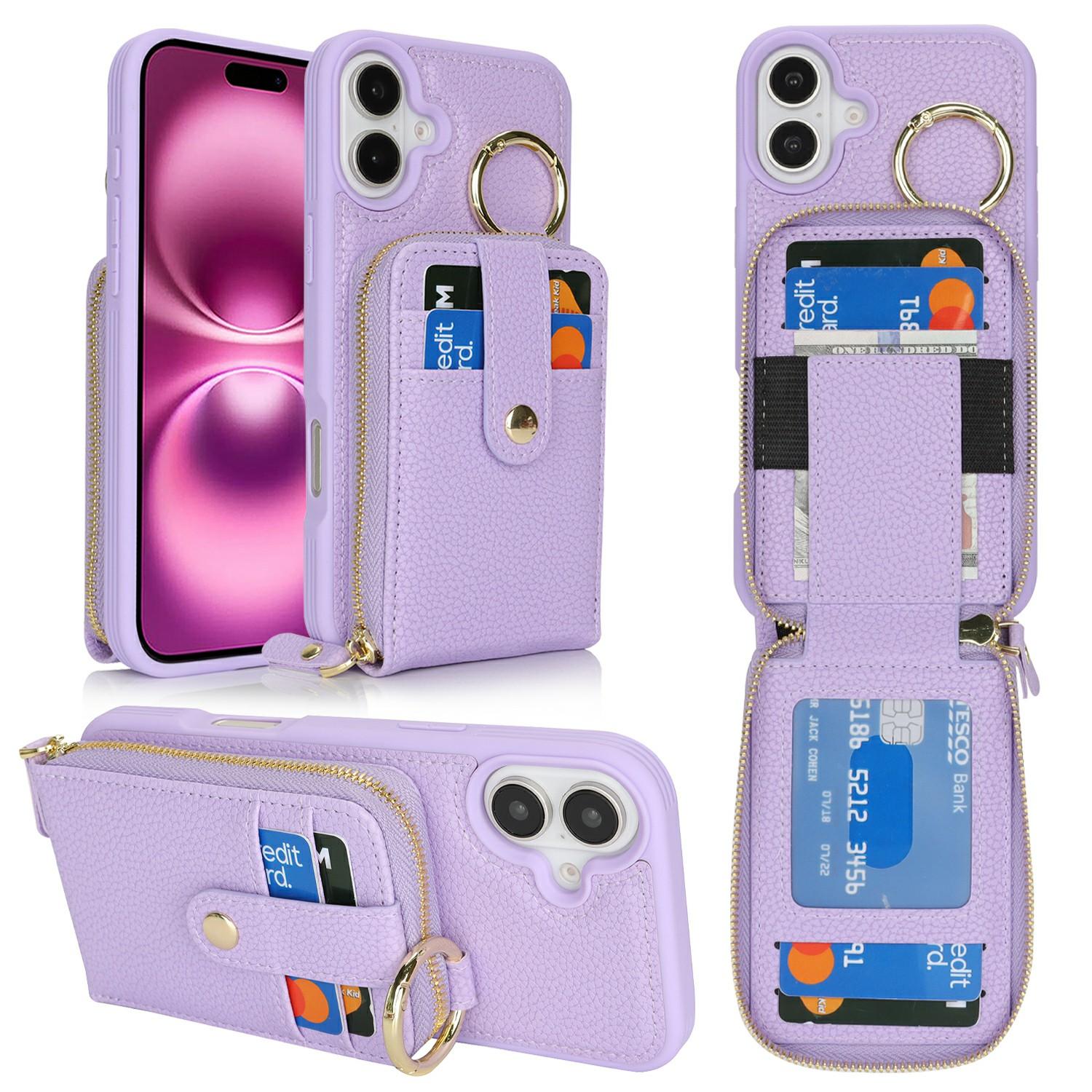 

For iPhone 16 Plus Case with Zipper Pouch/Ring Kickstand/Strap Litchi Texture PU + TPU Phone Cover F