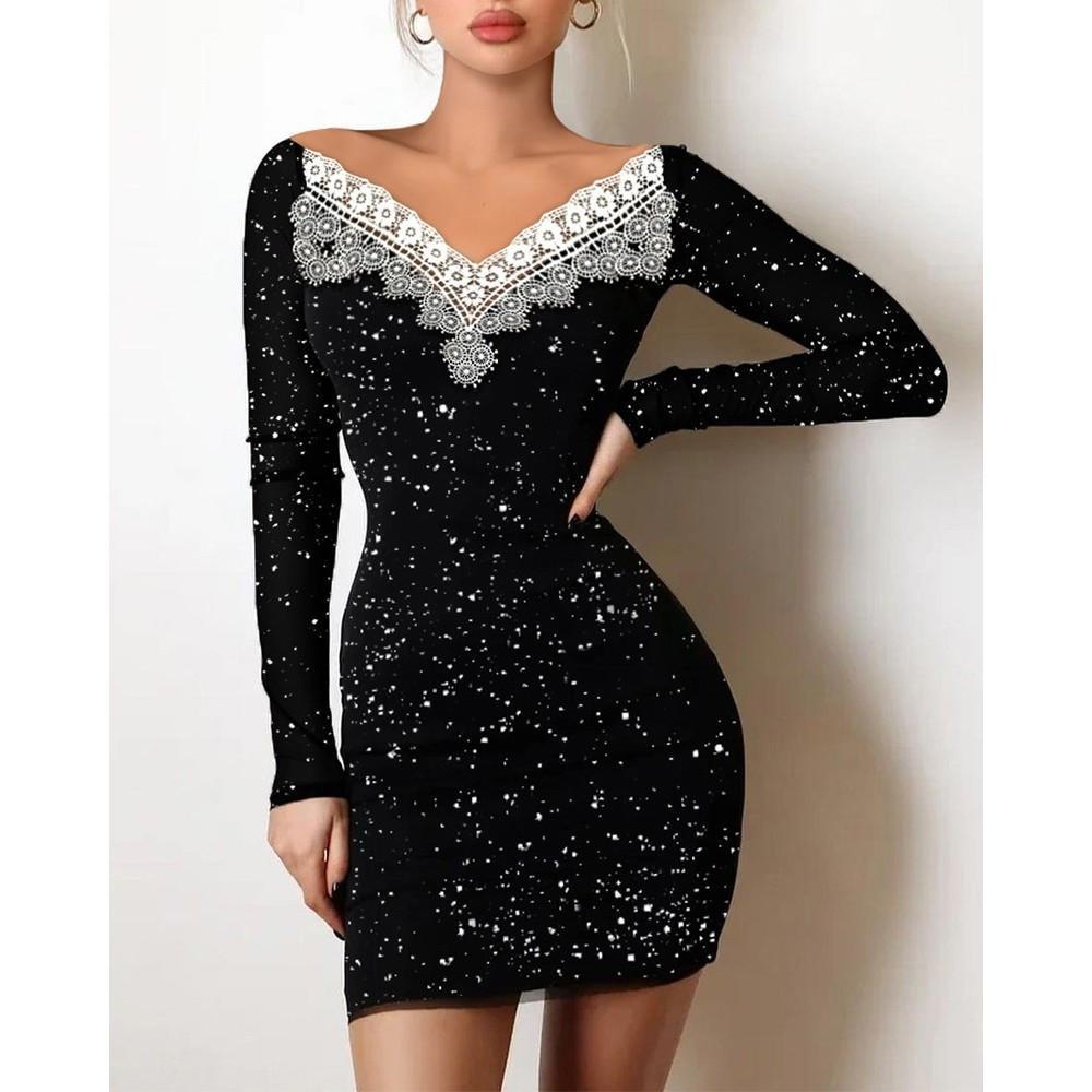 Women's Fashion Spring Fall Solid Color Print Long Sleeve V-Neck High Waist Casual Dresses