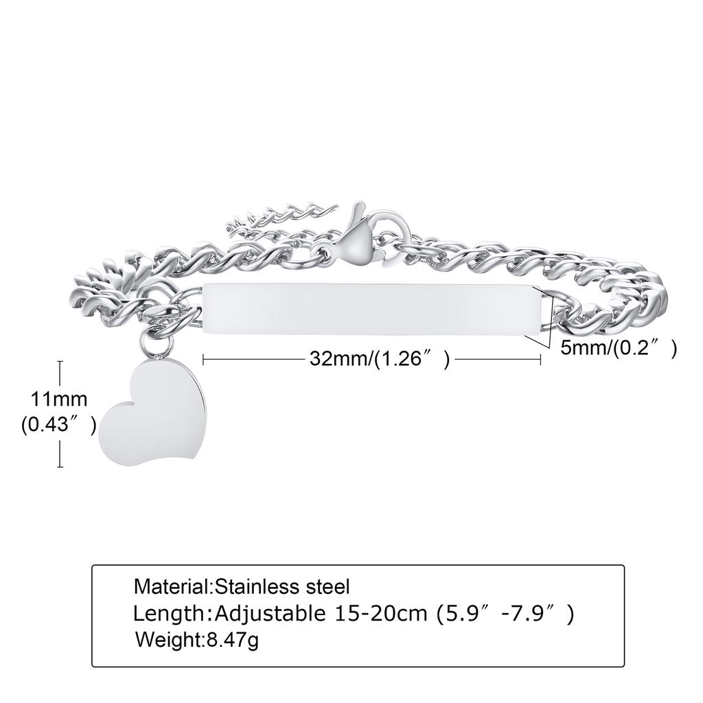 Stainless Steel Silver Color Bracelet Smooth Blank Bar With Heart Pendant Trendy Wrist Valentines Day Gift Jewelry