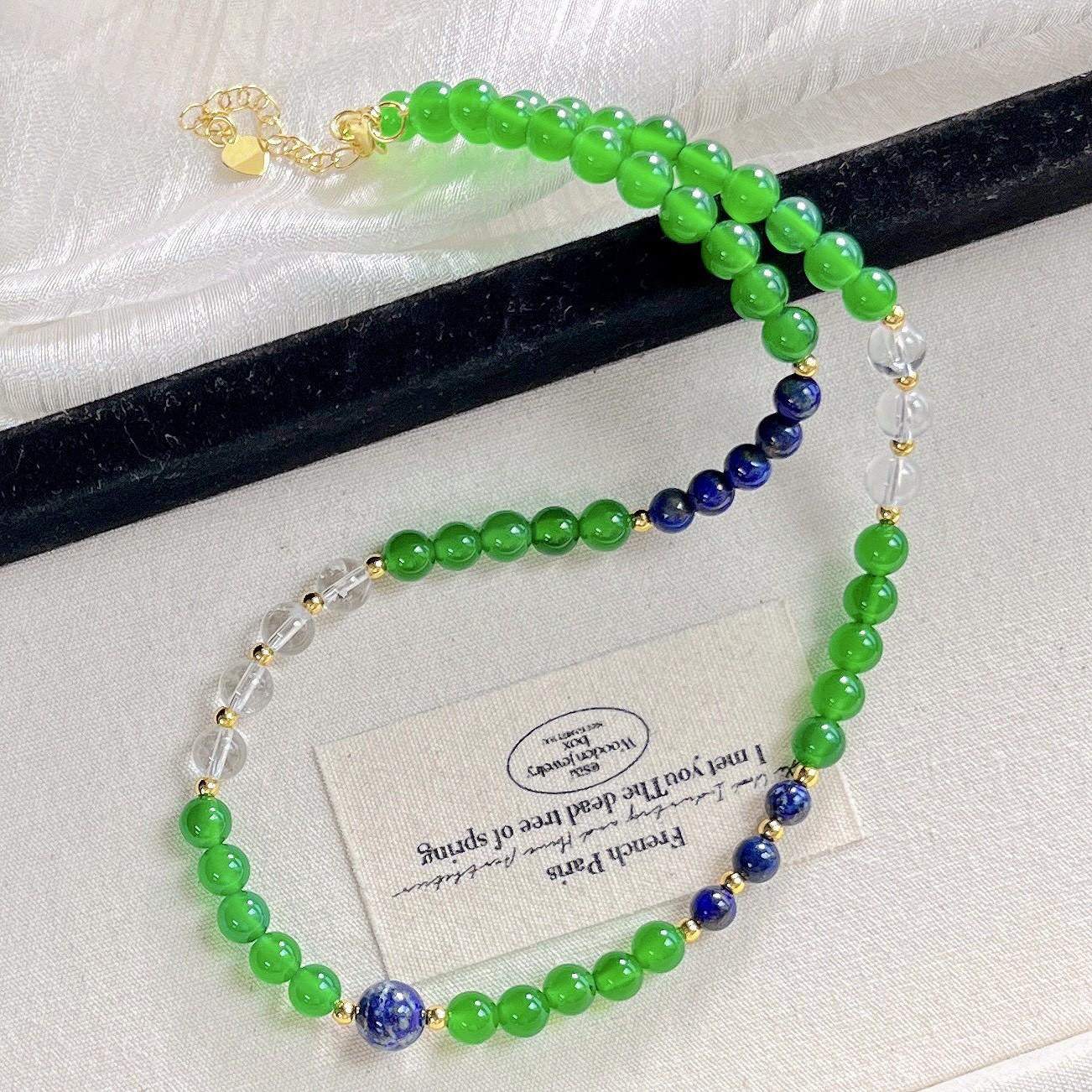 6Mm High Quality Ice Through Emperor Green Chalcedony White Crystal Lapis Lazuli Design Sense Collarbone Chain Necklace