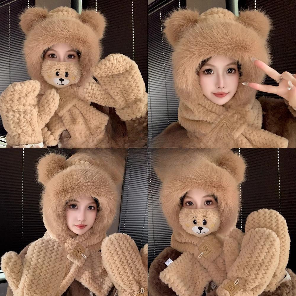 Bear Hat Scarf Integrated Women's Autumn and Winter Riding Cold Scarf Warm Ear Protection Cute Plush Gloves Mask