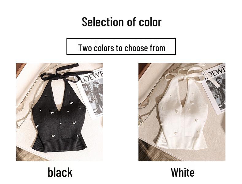 Stunning Slim-Fit French Beadwork Halter Tank Top with Beautiful Off-Shoulder Back Design for Women