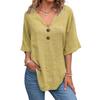 Top Estivi da Donna Scollo a V Manica a Tre Quarti Casual T-Shirt Tinta Unita Decorazione Bottoni Vestibilità Ampia Lunghezza Media Blusa