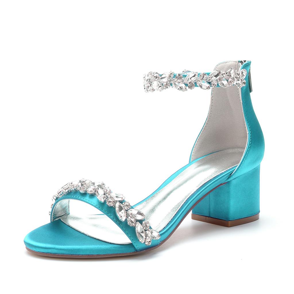 5cm Thick Heel Large Size Green High Heels Fashion Word with Rhinestone High Heels Sandals