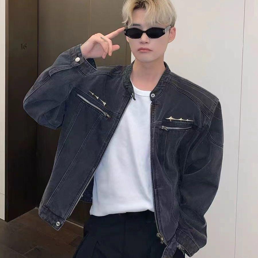 

Мужские джинсовые куртки в американском стиле, пальто на молнии в стиле High Street, винтажная потертая ковбойская куртка, весенняя повседневная уличная одежда S чёрный