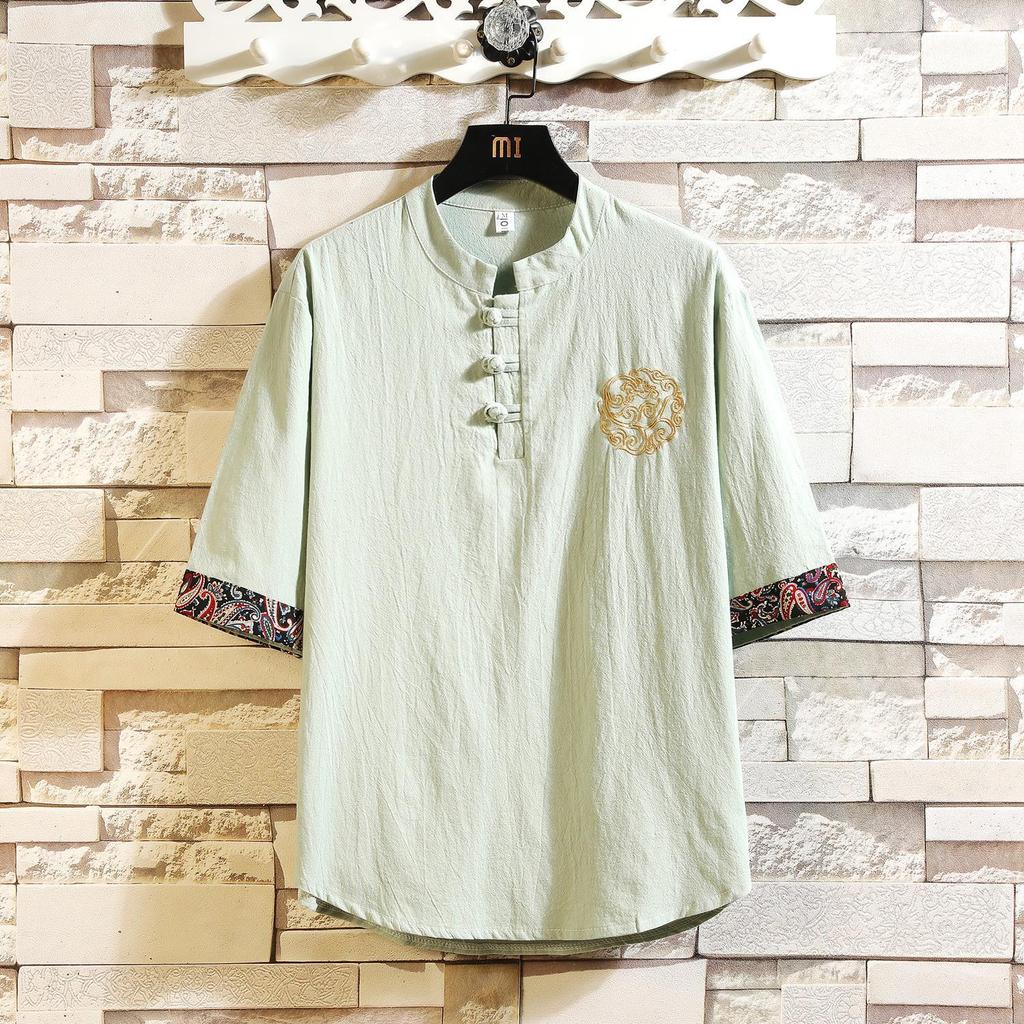 Camisa de Linho Casual Masculina Estilo Retrô de Algodão e Linho Manga Curta Masculina