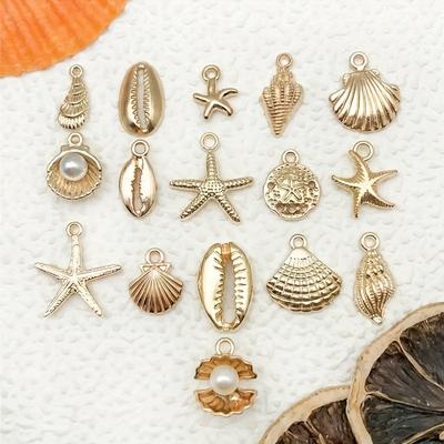 16pcs Golden Ocean Themed Alloy Charms - Starfish, Seashell, Shell Ideal for DIY Earrings, Bracelets & Summer Hawaii Crafts, Summer Craft Supplies