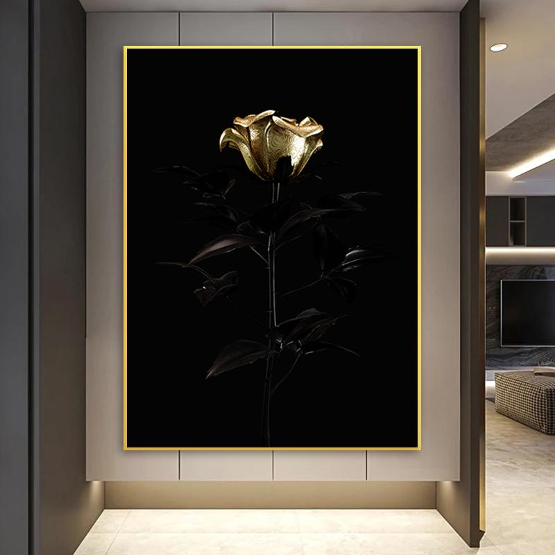 Dødsrose Lerretsmaling Blomst og hodeskalle Gotisk kunstplakat Svart gull Veggkunstbilde til stuen Hjemdekorasjonsutskrifter