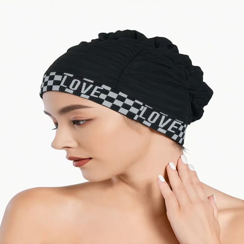 Women'S Pleated Swimming Cap With Love Print, Soft & Comfortable, Long Hair & Ear Protection For Adults, Non-Slip & Extra Large
