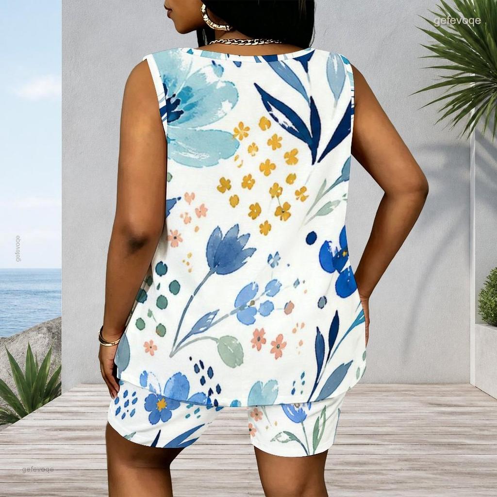 Women Plus Size Blue Black Abstract Printed Scoop Neck Sleeveless Tank Top Fitted Shorts Two Piece Set