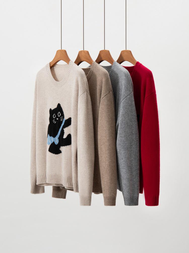 Korean Style Women's Cashmere Sweater - Cute Cat Jacquard, Round Neck Knitwear for Autumn/Winter