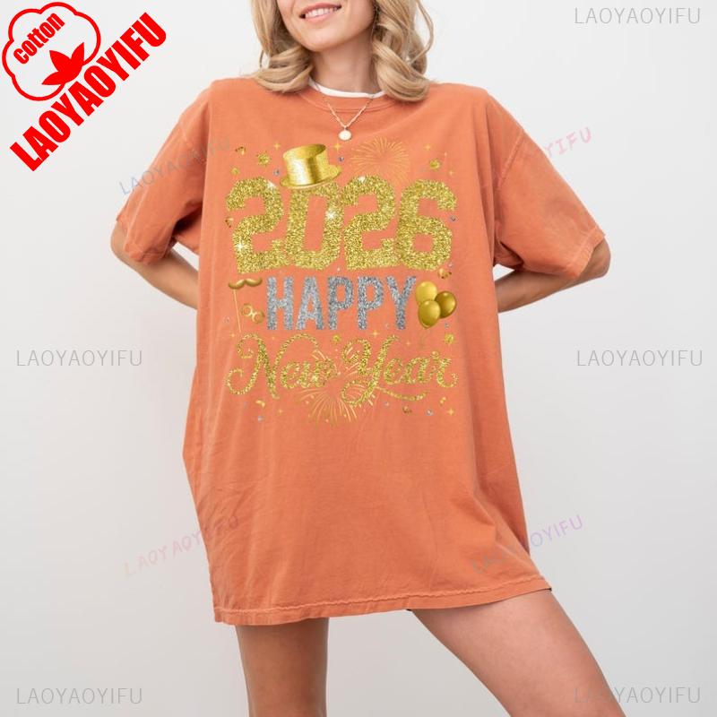 2026 Happy New Year Shirt Gold Glitter Party Tee Festive Celebration Top Sparkling Holiday T Shirt New Year Countdown Outfit