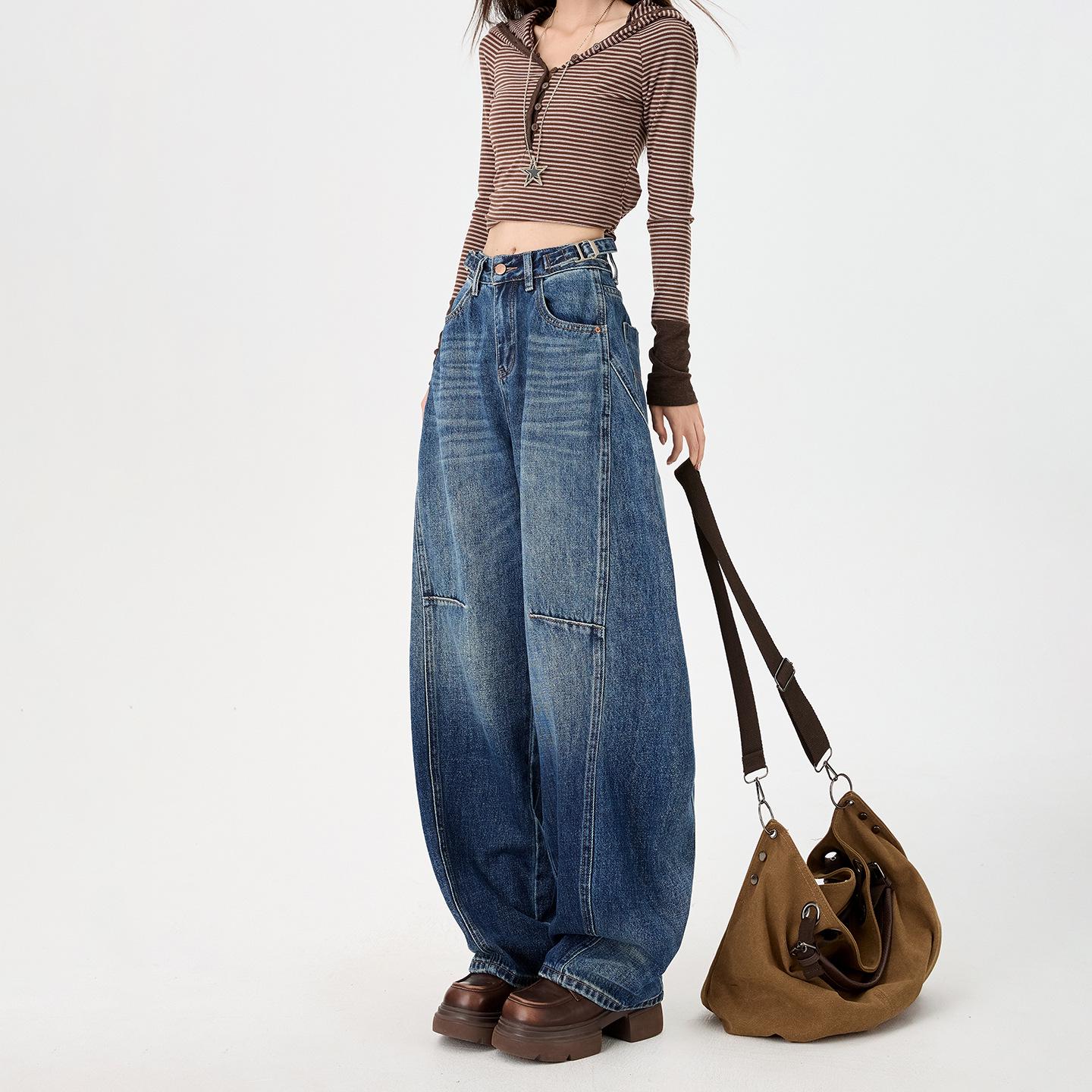 Spring 2026 Adjustable Waist High-Waist Loose Wide-Leg Floor-Length Women s Jeans Large