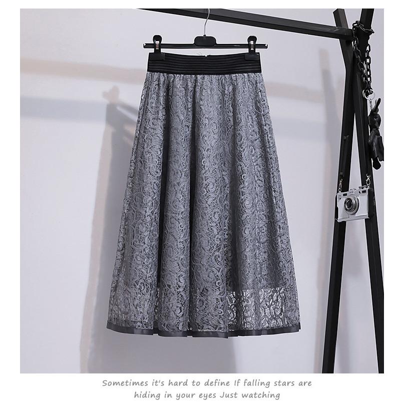 

Qooth Women Elegant A Line Lace Skirt Tulle Wide Hem Mid Length Elastic Waist Casual Skirt QT2664 One Size