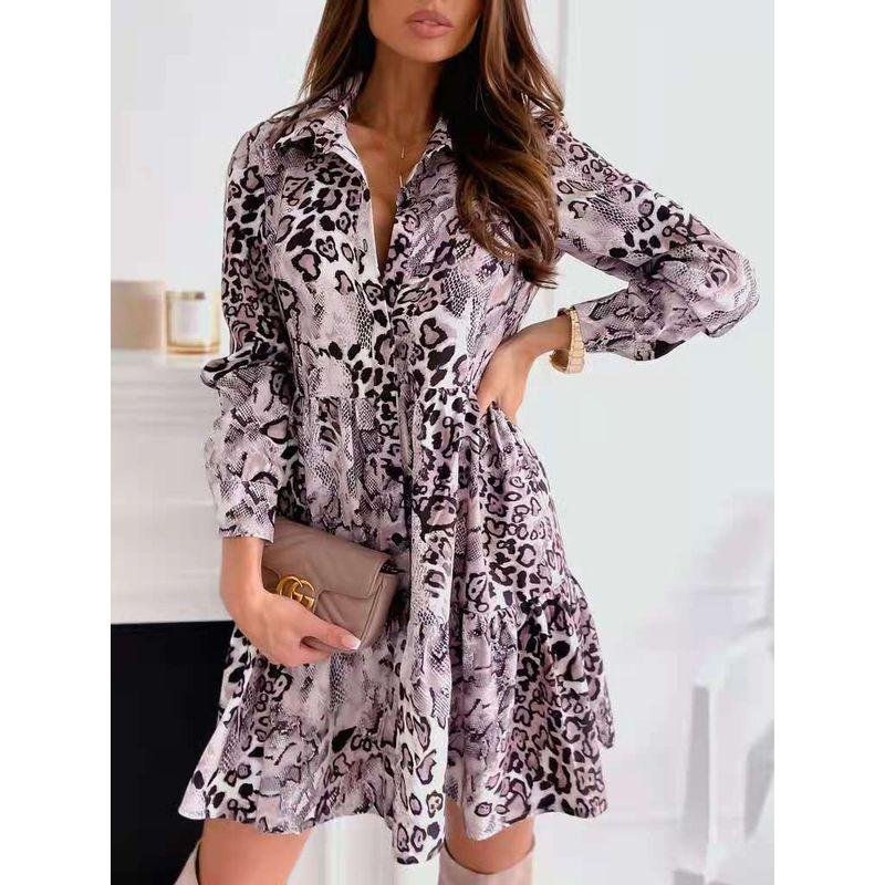 

Fall New Arrival Fashion Style Polo Collar Single-Breasted Snake Pattern Print Ruffles A- line Long Sleeve Dress Female Dress Snake skin flower 2XL