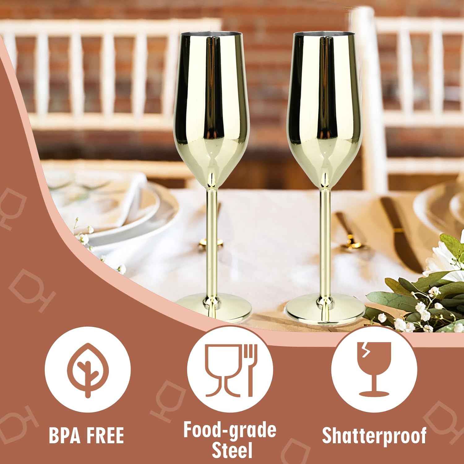 

Бокалы для шампанского из нержавеющей стали, 8 унций (4 шт.) - Золотая, многоразовая посуда для напитков для использования в помещении и на улице - Сохраняет напитки прохладными - Идея для подарка United States