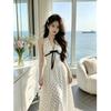 Summer New French Polka Dot Neck Dress Bow Waist Thin Temperament Retro Vacation Dress