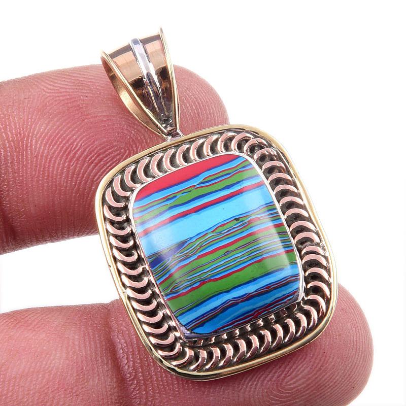 

Natural Rainbow Calcica Gemstone 925 Solid Silver Two Tone Pendant 1.50 d7d99