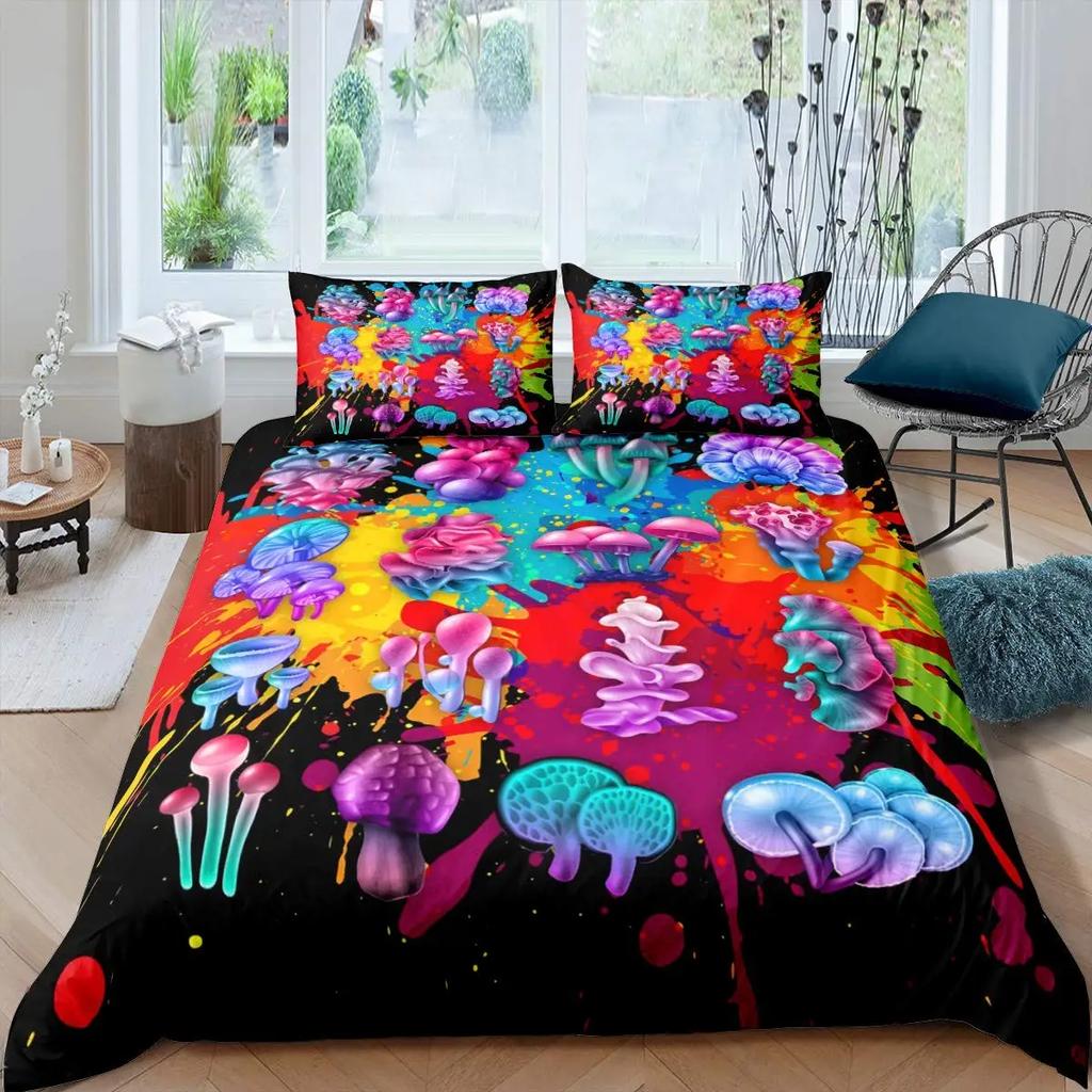 Blue Purple Beding Mushrom Soft Duvet Cover Set Fantasy Galaxy Sky Mushrom Design Psychedelic Young Boys Young Girls Gifts Bedrom Decoration