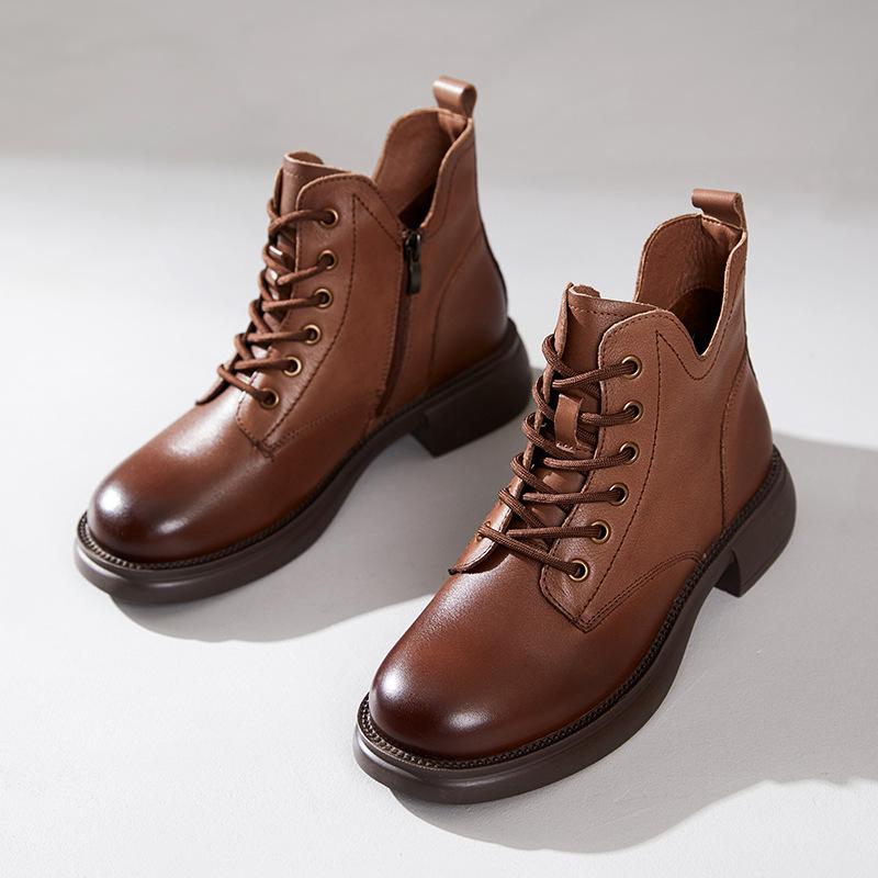 First Layer Cowhide Martin Boots Women's 2025 Autumn and Winter New Velvet Leather Retro V-mouth Short Women's Boots