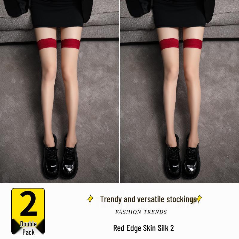 Red Edge Anti-Snag Black Stockings for Women - Durable Silicone Anti-Slip Thigh-High Over-Knee Fashion Socks