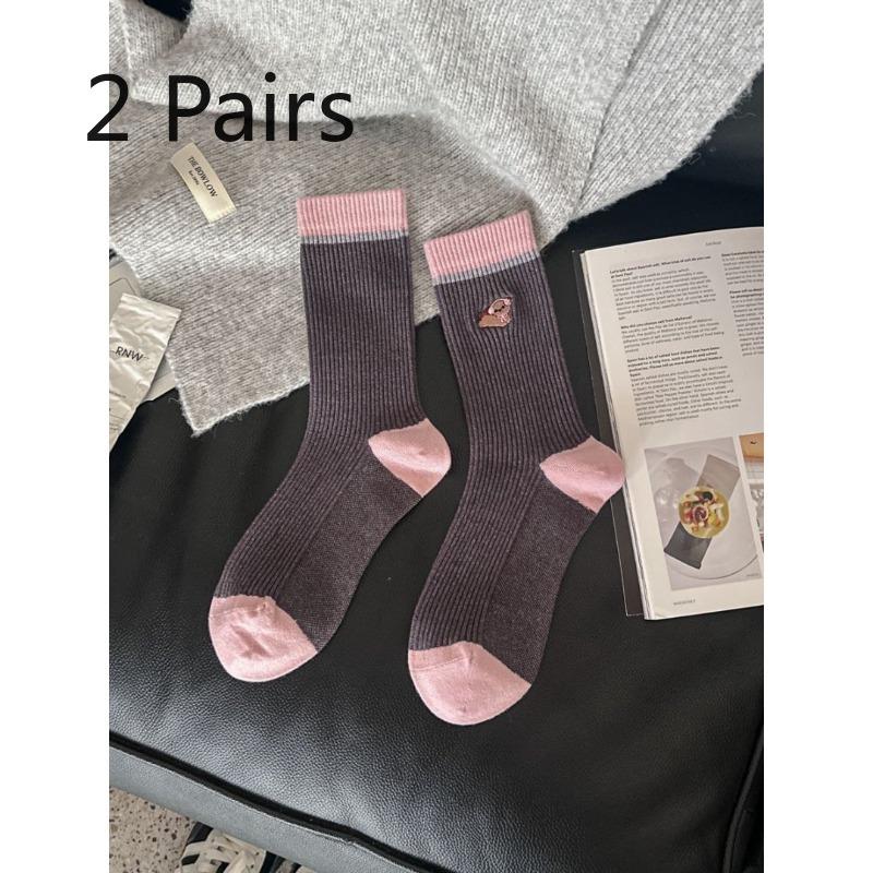 2 Pairs of Mid-calf Socks - Women's Fall/winter Imitation Cashmere Socks - Women's Striped Fashionable Embroidered Sausage Dog Pile Socks - Long Socks