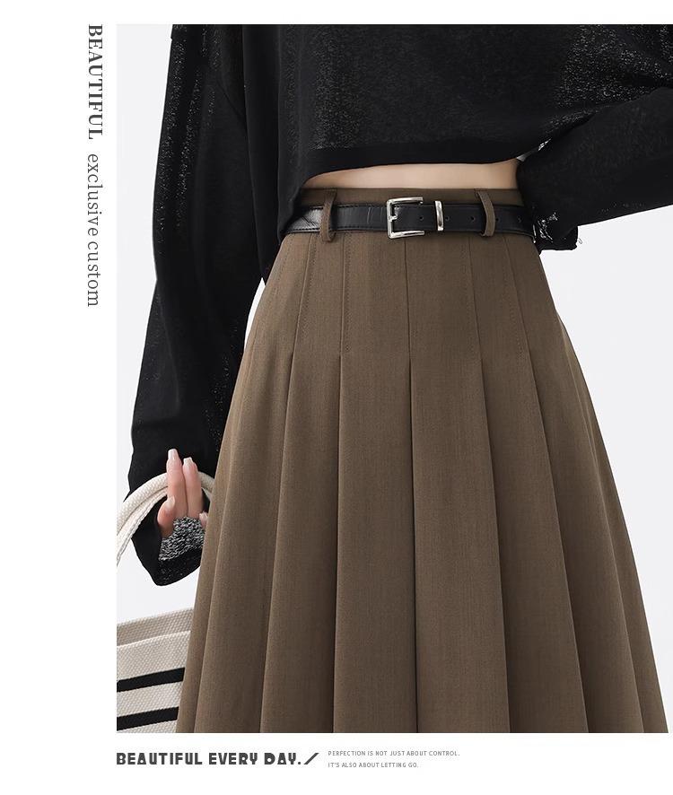 Women's High Waist Gray A-Line Pleated Mid-Length Skirt - Spring, Summer, Autumn 2025