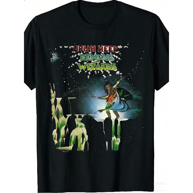 T-shirt Unisex Nera Uriah Heep Demons And Wizards Stampa Copertina Album Regalo per Fan di Musica 100% Cotone Alla Moda Casual