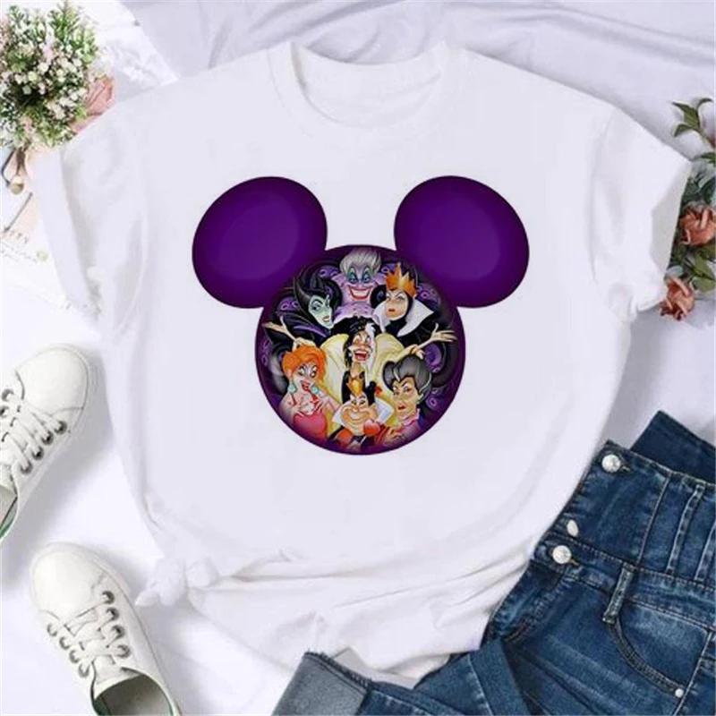 Cartoon Disney Spoof Villains Princess Print Blouse Women 90S Tshirt Summer Harajuku White Ladies T Shirts Female Y2k Tops Gift