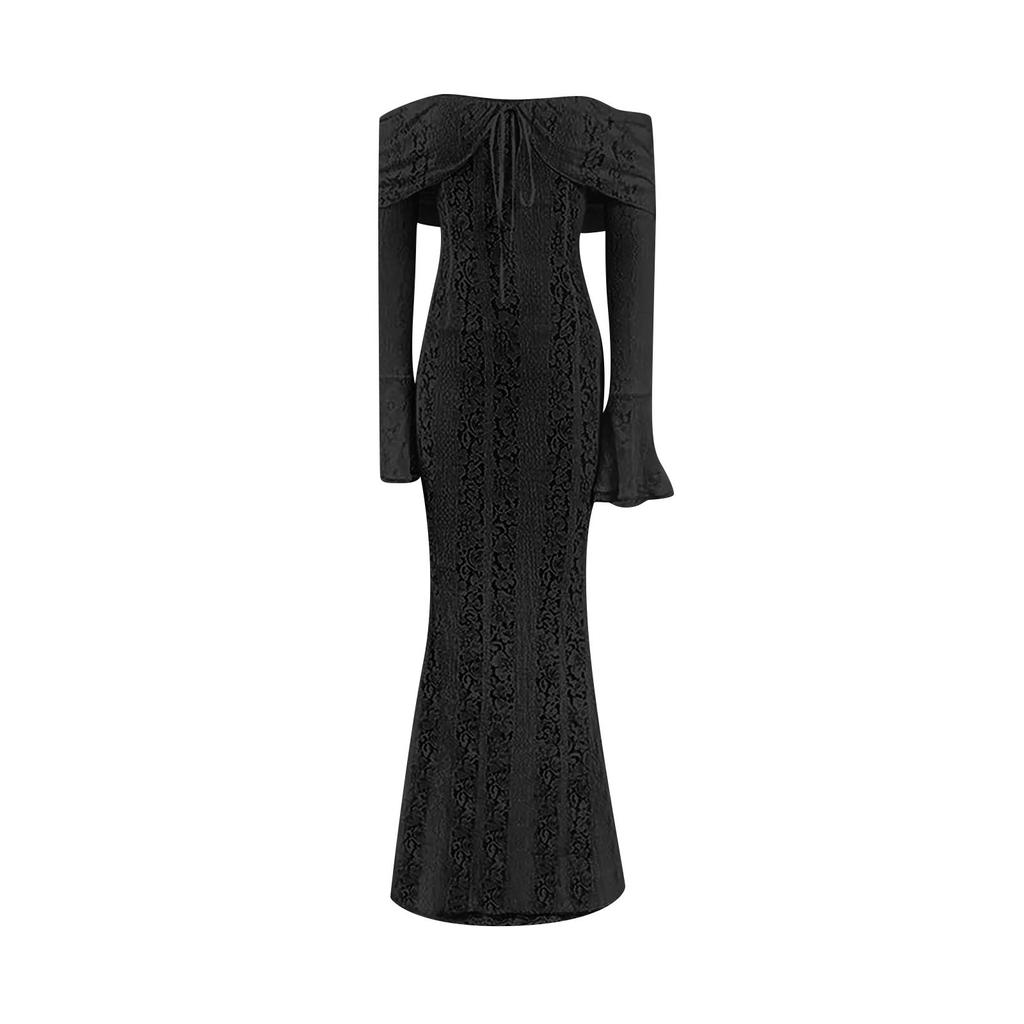Elegant Off Shoulder Lace Maxi Dress  Women Long Sleeve Evening Party Dresses For Date Nights