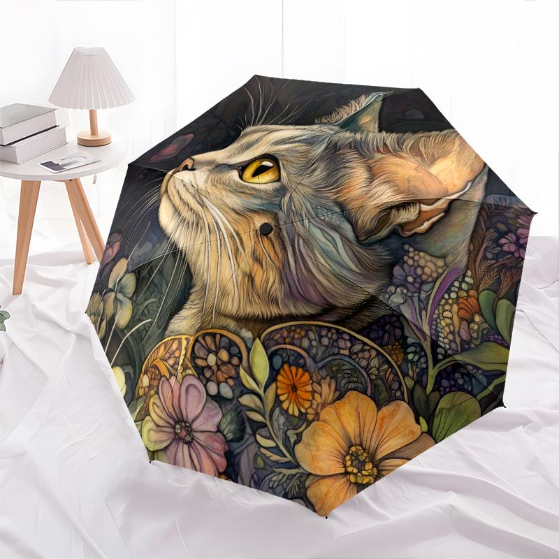 

Plant Cat pattern, automatic folding umbrella, portable and foldable design, 8 ribs, a Christmas or birthday gift.
