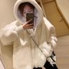 Women's Autumn and Winter plush fashion warm lamb fur jacket with Faux Otter fur hood, loose coat jacket