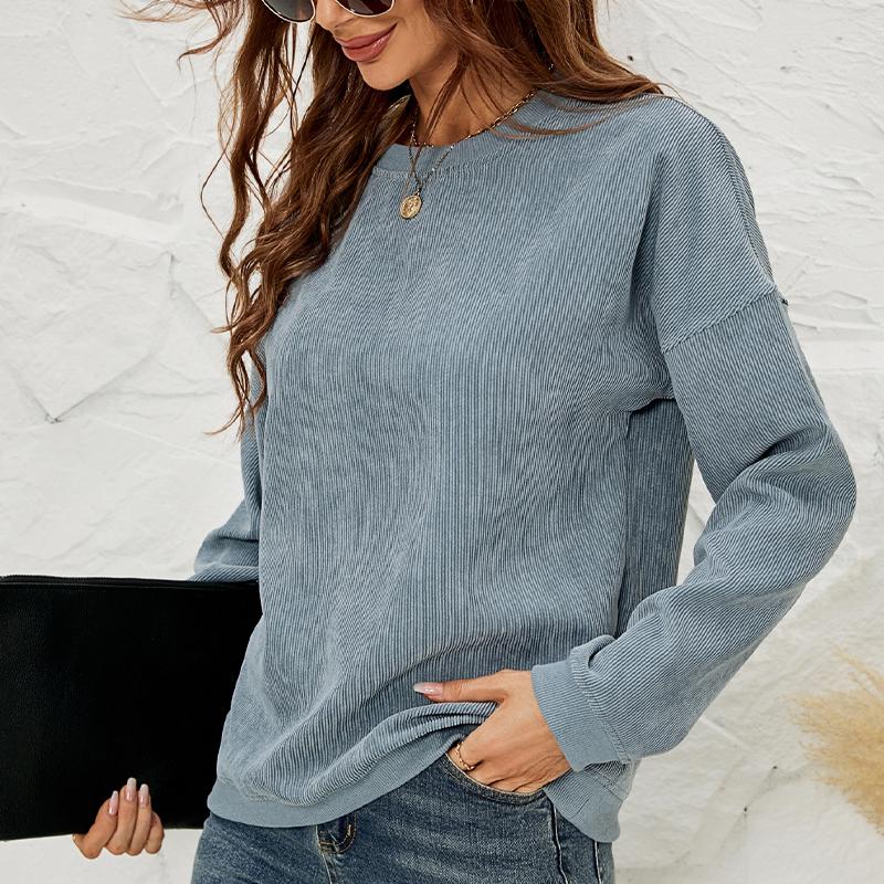 Women's Corduroy Sweatshirt Casual Round Neck Pullover Long Sleeve Top