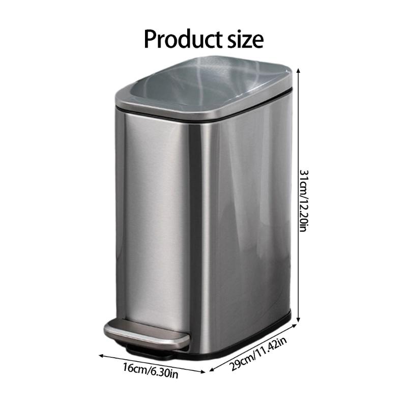 Stainless Steel Rectangular Trash Can 6L Bathroom Waste Bin with Odor Control Seal Lid Slip Resistant Base Home Supply