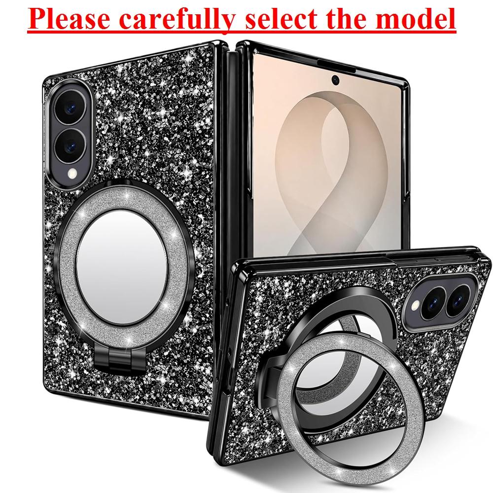 Luxury Bling Glitter Magnetic Stand Holder Bracket Case for Samsung Galaxy Z Fold 8 Ultra Fold8 Plating Mirror Bracket PC Cover