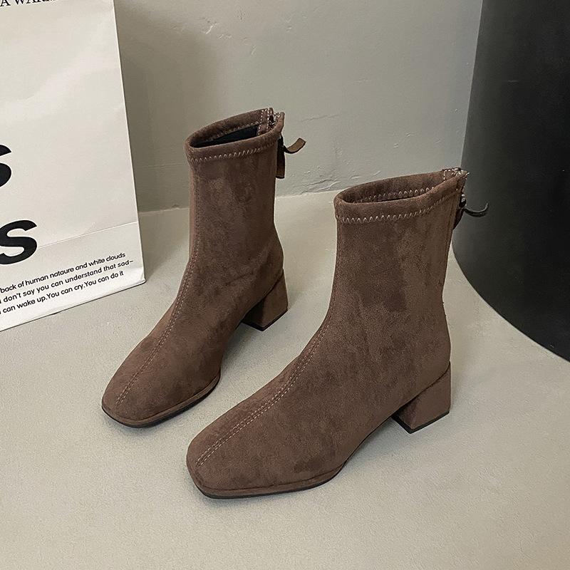 

Корейские замшевые ботильоны на толстом каблуке 2025 осень и зима новые толстый каблук квадратный носок тонкие маленькие ботильоны толстый каблук квадратный носок ботильоны женские 40 коричневый