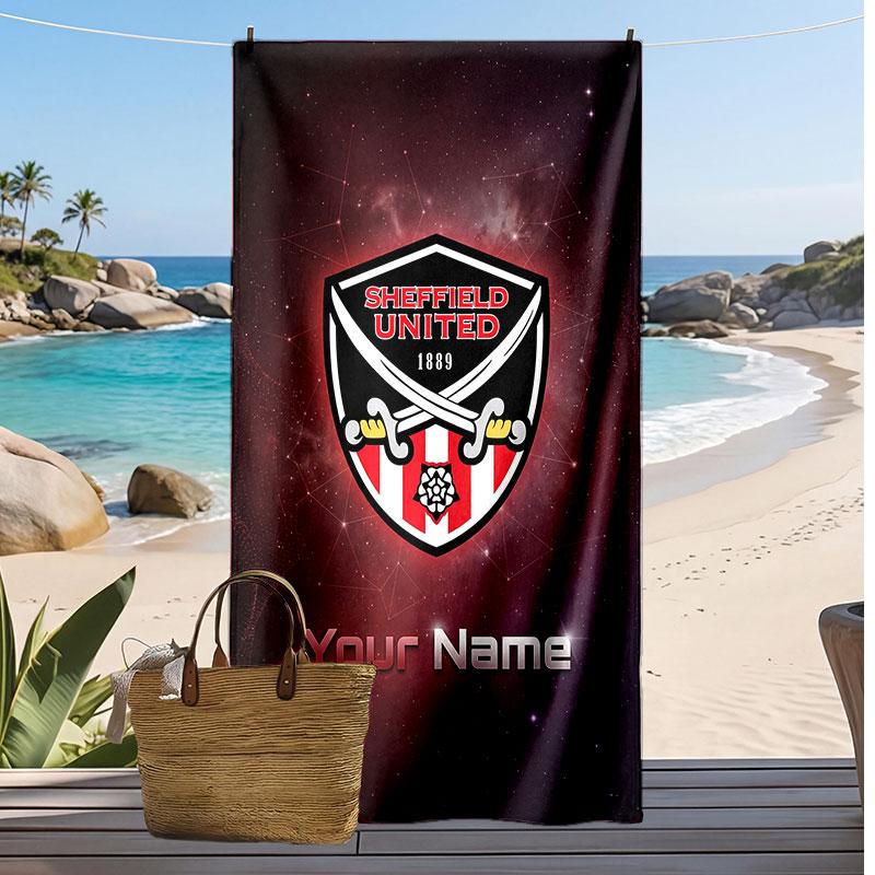 Sheffield United FC Personalisiertes Bedrucktes Strandtuch Fußballlogo Unterstützung Benutzerdefinierter Name Text Absorbierendes Handtuch für Sport Reisen Besonderes Geschenk