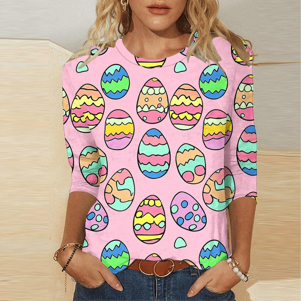Women's -print loose 7-inch sleeve top