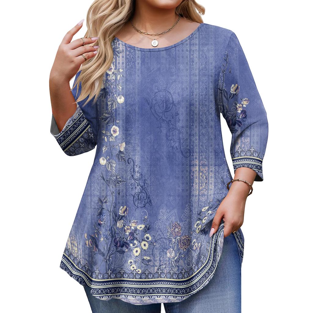 Women’s Floral Print 3/4 Sleeve Tunic Top with Round Neck Loose Fit Casual Blouse for Daily Wear and Comfort