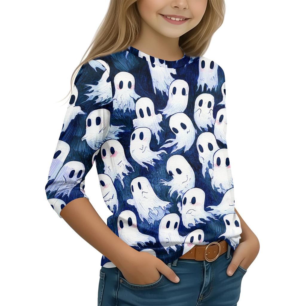 Kids Halloween Printed T-Shirt 3/4 Sleeve Round Neck Casual Top with Pumpkin Witch Design