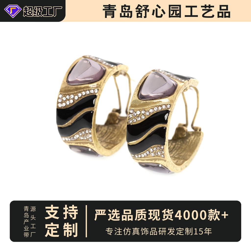 Medieval Fashion C Circle Enamel Oil Drop Color Matching Diamond Women'S Earrings Versatile Light Luxury Ear Shot Silver Needle