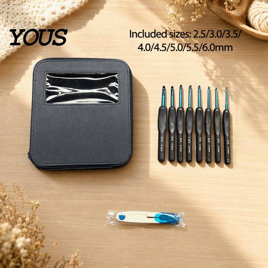 Knitting Tools Case 1 Set Crochet Hook Kit, 8 Sizes 2.5mm-6mm Yarn Portable Supplies with Storage , Soft TPR Handle Needle & Scissors