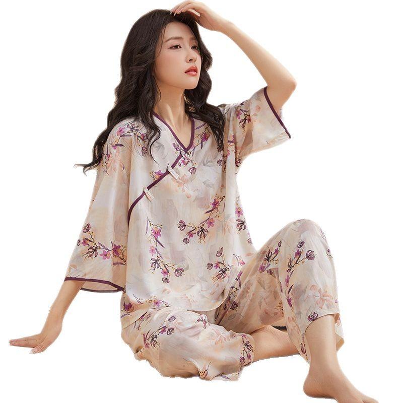 New Oriental Style Womens Pajama Twopiece With Breathable Cotton Satin For Home Use