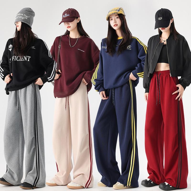 Two-bar striped wide-leg pants women's autumn new loose straight-leg pants retro casual leggings sweatpants