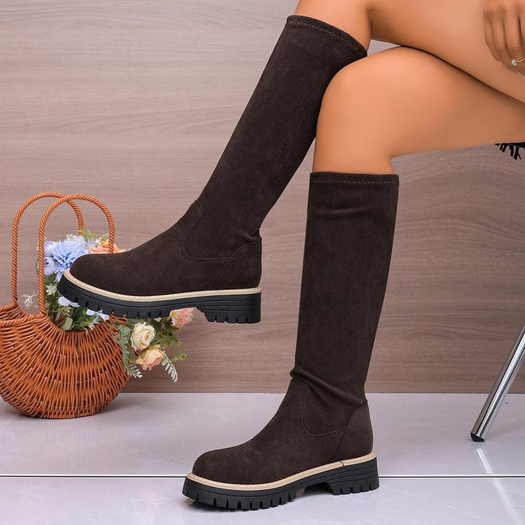 Thick-soled Riding Boots Women's Solid Color Flannel - Stretch Boots Fashion Chunky Heel Knee-high Boots