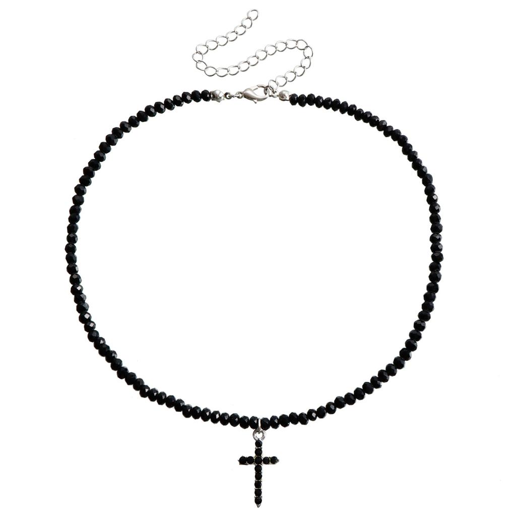 Accessories, Black Imitation Crystal Beaded Minimalist Cross Pendant Necklace Choker Necklace